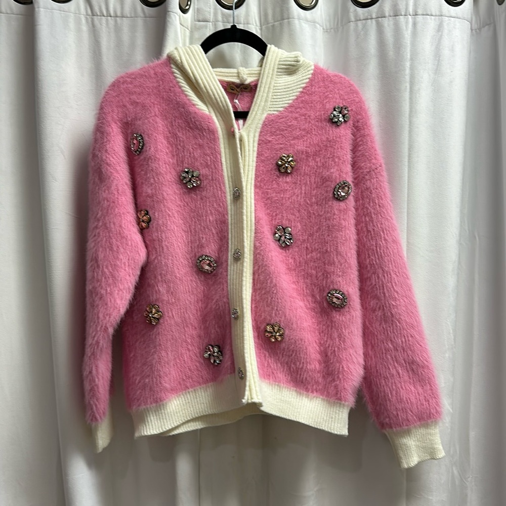 Hooded sweater with brooch detail made in Italy